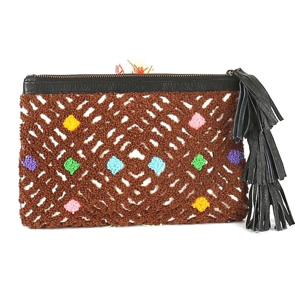 CLEOBELLA clutch brown woven carpet leather fringe tassel yarn knit textured bag - Picture 2 of 5
